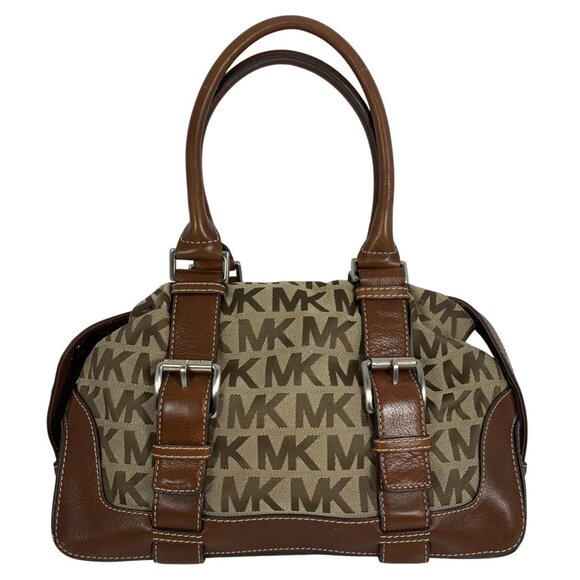 MICHAEL KORS Brookville MK Print Jacquard Leather Bowling Satchel Buckle Strap - Picture 1 of 13